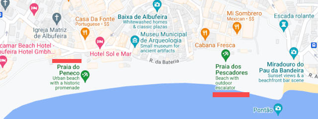 Praia do Peneco e dos Pescadores em Albufeira, Distrito de Faro (Algarve), Sul de Portugal &copy; / Google