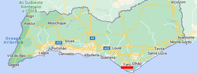 Mapa do Distrito de Faro, Algarve &copy; RMS / Google, ilustração