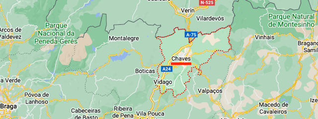 Localização de Chaves (Distrito de Vila Real), em Alto Douro Trás-os-Montes &copy; Google