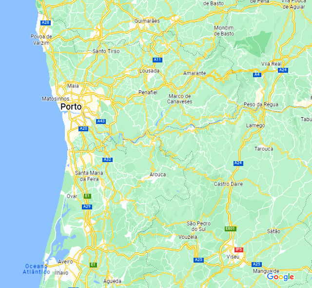 Mapa do Douro Litoral, Portugal &copy; Google