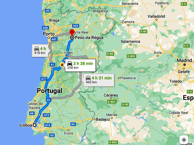 De Lisboa a Peso da Régua, distrito de Vila Real no Alto Douro &copy; Google, ilustração