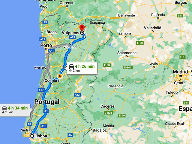 De Lisboa a Valpaços (Distrito de Vila Real), em Alto Douro Trás-os-Montes &copy; Google