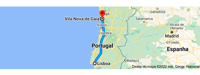 De Lisboa para Vila Nova de Gaia, Distrito do Porto, Região Norte de Portugal &copy; Google